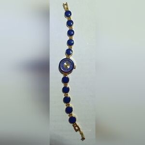 Womens Linel Gold Blue Bracelet Quartz Watch Wind Hand Round Accent Stone Purple